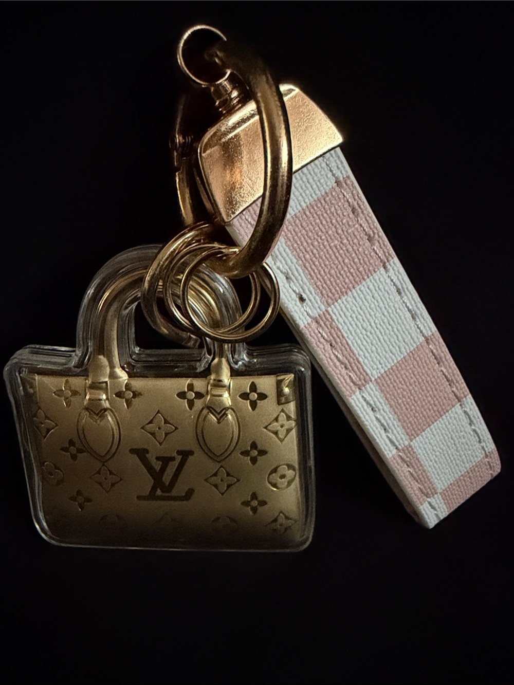 Pink Check Strap and Gold Monogram Bag Charm Key Holder
